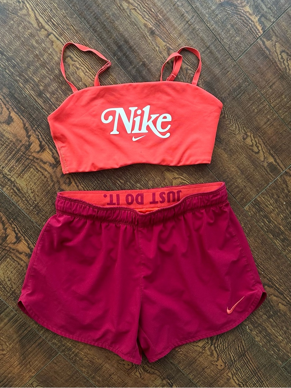 Nike Coral Red Sports Bra S with Magenta Running Shorts XS